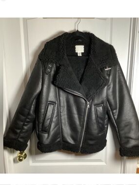 H&M Black Faux Leather Shearling Aviator Jacket